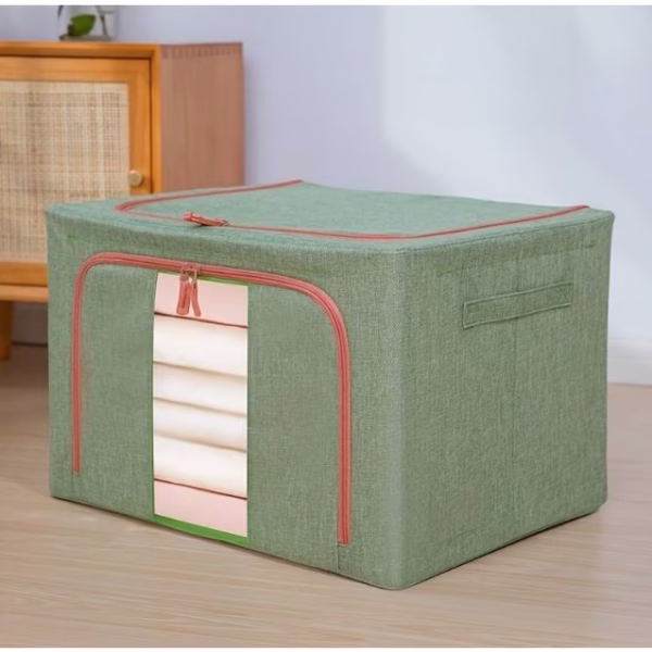 Cutie de Depozitare Pliabila, Flippy, Cu fermoar Bidirectional, 66 L, Textil, 50x40x33 cm, Cadru Metalic, o Fereastra, Suport Baza Stabil din Plastic, Verde - imagine 2