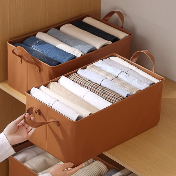 Cutie de Depozitare Tip Cos, Flippy, Material Piele Ecologica, Pliabila, 47x28x20 cm, 26 l, Cadru Metalic, cu Manere, Maro - imagine 2