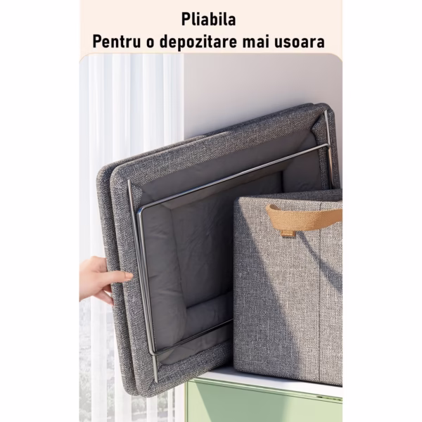 Cutie de Depozitare Tip Cos, Flippy, Material Textil, Pliabila, 47x30x25 cm, 35 l, Cadru Metalic, cu Manere, Gri - imagine 2