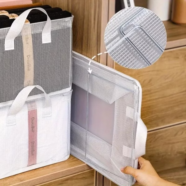 Cutie de Depozitare Tip Cos, Flippy, Material Textil Transparent, Pliabila, 47x28x20 cm, 35 l, Cadru Metalic, cu Manere, Alb - imagine 5