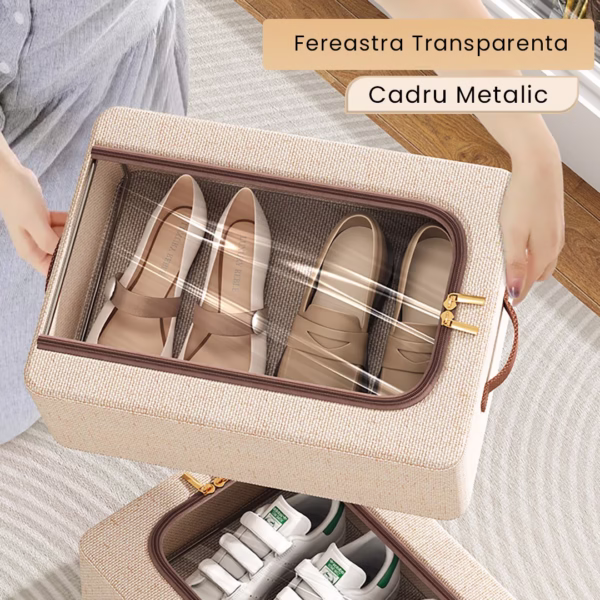 Cutie Depozitare cu Cadru Metalic, Flippy, pentru Incaltaminte, Haine, Lingerie, Fermoar Calitativ, Fereastra Transparenta, Manere Laterale, 40 x 30 x 15 cm Bej - imagine 4