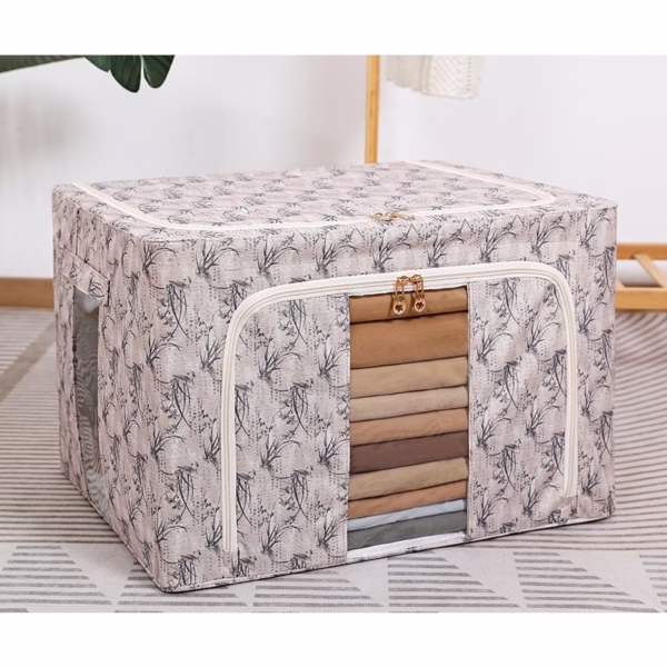 Cutie Depozitare, Flippy, 66L, din Material Textil, 50 x 40 x 33 cm, pentru Haine si Lenjerii, Model Bambus, Galben - imagine 2
