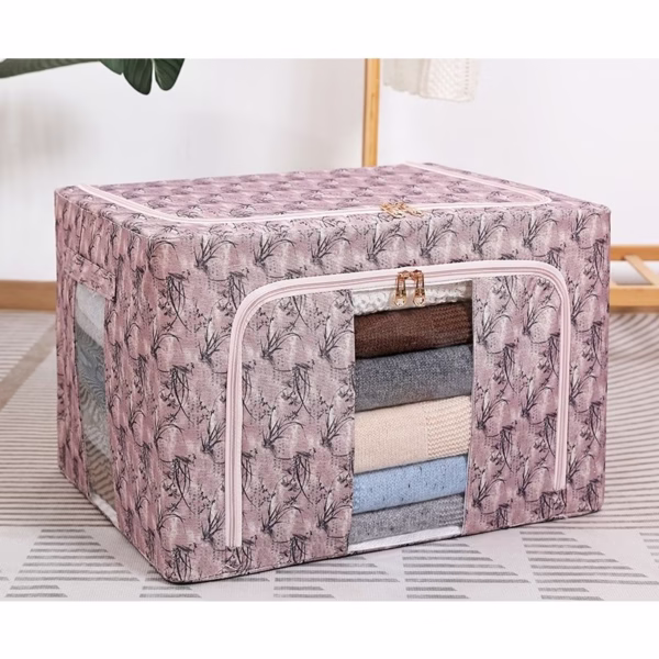 Cutie Depozitare, Flippy, 66L, din Material Textil, 50 x 40 x 33 cm, pentru Haine si Lenjerii, Model Bambus, Roz - imagine 2