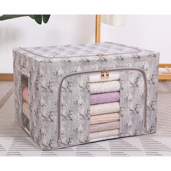 Cutie Depozitare, Flippy, 66L, din Material Textil, 50 x 40 x 33 cm, pentru Haine si Lenjerii, Model Flori de Primavara, Gri - imagine 2