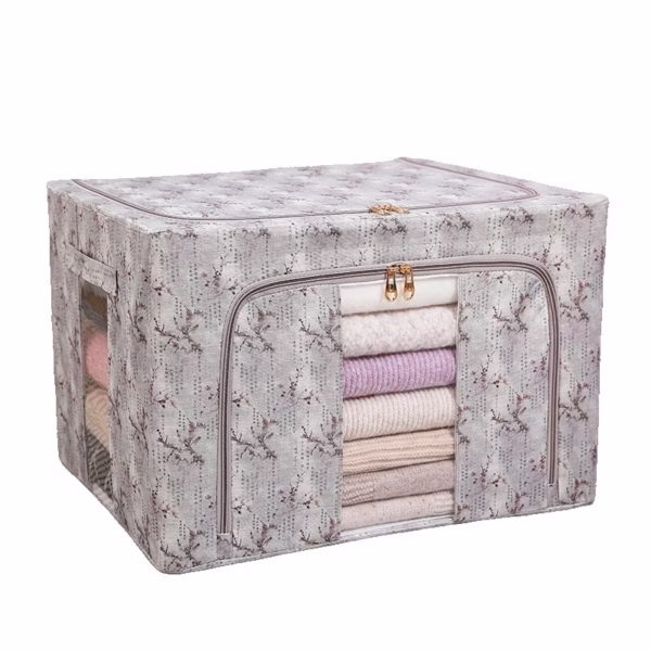 Cutie Depozitare, Flippy, 66L, din Material Textil, 50 x 40 x 33 cm, pentru Haine si Lenjerii, Model Flori de Primavara, Gri - imagine 1