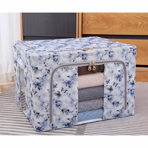 Cutie Depozitare, Flippy, 66L, din Material Textil, 50 x 40 x 33 cm, pentru Haine si Lenjerii, Model Fluturasi, Albastru - imagine 2