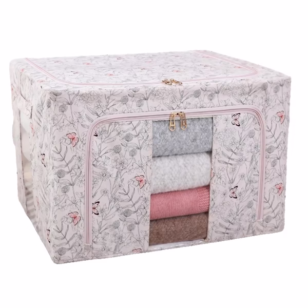 Cutie Depozitare, Flippy, 66L, din Material Textil, 50 x 40 x 33 cm, pentru Haine si Lenjerii, Model Fluturasi, Roz - imagine 1