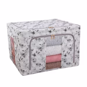 Cutie Depozitare, Flippy, 66L, din Material Textil, 50 x 40 x 33 cm, pentru Haine si Lenjerii, Model Fluturasi, Gri/Auriu