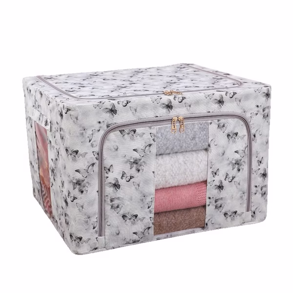 Cutie Depozitare, Flippy, 66L, din Material Textil, 50 x 40 x 33 cm, pentru Haine si Lenjerii, Model Fluturasi, Gri/Auriu - imagine 1