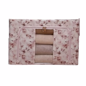 Cutie Depozitare, Flippy, 66L, din Material Textil, 50 x 40 x 33 cm, pentru Haine si Lenjerii, Model Fluturasi, Roz/Gri