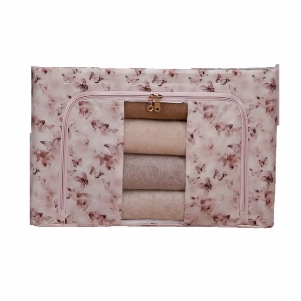 Cutie Depozitare, Flippy, 66L, din Material Textil, 50 x 40 x 33 cm, pentru Haine si Lenjerii, Model Fluturasi, Roz/Gri - imagine 1