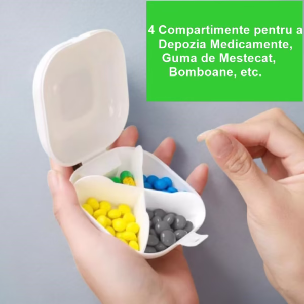 Cutie Depozitare Medicamente, Flippy, 4 Compartimente, Inchidere Etans, Portabila, Patrat, Alb/Gri, PP, 7.6x2.9x7.8 cm - imagine 3