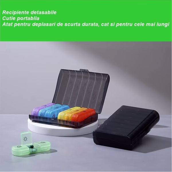 Cutie Depozitare Medicamente, Flippy, 7 Zile, 21 Compartimente, Cutie Suport, Recipiente Detasabile, Portabila, Recipiente Colorate, Cutie Neagra, 15.6x12 cm - imagine 2