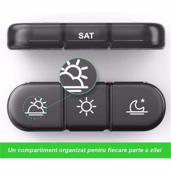 Cutie Depozitare Medicamente, Flippy, 7 Zile, 21 Compartimente, Cutie Suport, Recipiente Detasabile, Portabila, Compartimente Negre, Cutie Transparenta, 15.6x12 cm - imagine 3