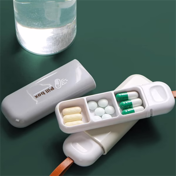 Cutie Depozitare Medicamente, Flippy, Portabila, 3 Compartimente, Tip Breloc, Plastic, Glisanta, Gri, 10.7x3.6x1.6 cm - imagine 2
