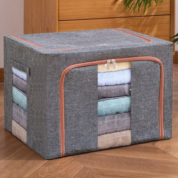 Cutie de depozitare pliabila, Flippy, Cu fermoar, 100 L, Textil, 60x42x40 cm, Cadru Metalic, Suport Baza Stabil din Plastic, Gri - imagine 10