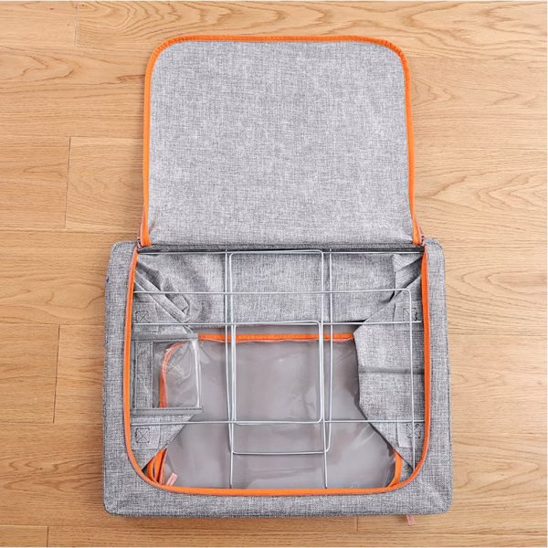 Cutie de Depozitare Pliabila, Flippy, 24 L, din Bumbac si In, 40x30x20 cm, Fereastra Frontala, 2 Usi de Acces cu Fermoar Bidirectional, Cadru Metalic, Suport Baza Stabil din Plastic, Gri - imagine 4