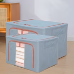 Cutie de Depozitare Pliabila, Flippy, 24 L, din Bumbac si In, 40x30x20 cm, Fereastra Frontala, 2 Usi de Acces cu Fermoar Bidirectional, Cadru Metalic, Suport Baza Stabil din Plastic, Bleu - imagine 2