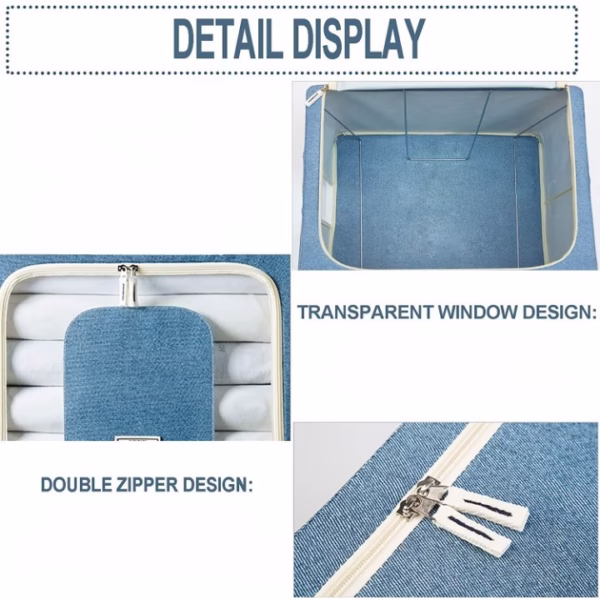 Cutie de Depozitare Pliabila, Flippy, 24 L, din Bumbac si In, 40x30x20 cm, Fereastra Frontala, 2 Usi de Acces cu Fermoar Bidirectional, Cadru Metalic, Suport Baza Stabil din Plastic, Bleu - imagine 4