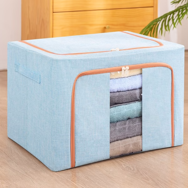 cutie-depozitare-pliabila-flippy-24-l-39x29x20-cm-bleu-main-63401f1648b46 Cutie de Depozitare Pliabila, Flippy, 24 L, din Bumbac si In, 40x30x20 cm, Fereastra Frontala, 2 Usi de Acces cu Fermoar Bidirectional, Cadru Metalic, Suport Baza Stabil din Plastic, Bleu - imagine 1