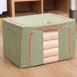Cutie de Depozitare Pliabila, Flippy, 24 L, din Bumbac si In, 40x30x20 cm, Fereastra Frontala, 2 Usi de Acces cu Fermoar Bidirectional, Cadru Metalic, Suport Baza Stabil din Plastic, Verde - imagine 2