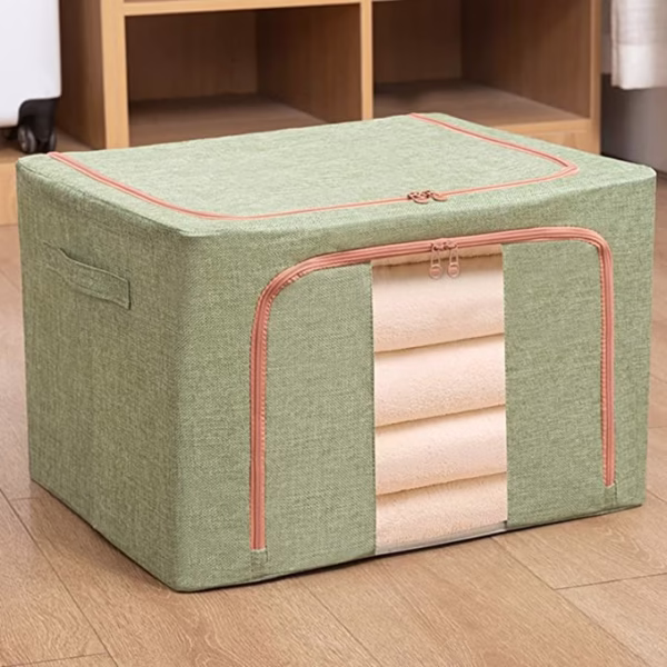 Cutie de Depozitare Pliabila, Flippy, 24 L, din Bumbac si In, 40x30x20 cm, Fereastra Frontala, 2 Usi de Acces cu Fermoar Bidirectional, Cadru Metalic, Suport Baza Stabil din Plastic, Verde - imagine 2