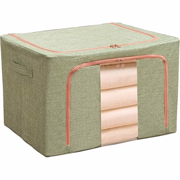 Cutie de Depozitare Pliabila, Flippy, 24 L, din Bumbac si In, 40x30x20 cm, Fereastra Frontala, 2 Usi de Acces cu Fermoar Bidirectional, Cadru Metalic, Suport Baza Stabil din Plastic, Verde - imagine 3