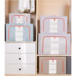 Cutie de Depozitare Pliabila, Flippy, 66 L, din Bumbac si In, 50x40x33 cm, Fereastra Frontala Transparenta, 2 Usi de Acces cu Fermoar Bidirectional, Cadru Metalic, Suport Baza Stabil din Plastic, Bleu - imagine 4