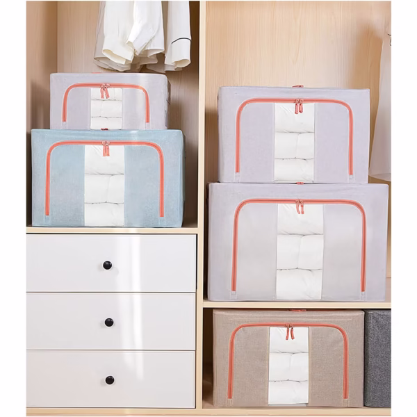 Cutie de Depozitare Pliabila, Flippy, 66 L, din Bumbac si In, 50x40x33 cm, Fereastra Frontala Transparenta, 2 Usi de Acces cu Fermoar Bidirectional, Cadru Metalic, Suport Baza Stabil din Plastic, Bleu - imagine 4