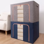 Cutie de Depozitare Pliabila, Flippy, 66 L, din Bumbac si In, 50x40x33 cm, Fereastra Frontala, 2 Usi de Acces cu Fermoar Bidirectional, Cadru Metalic, Suport Baza Stabil din Plastic, Albastru Marin - imagine 3