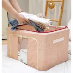 Cutie de Depozitare Pliabila, Flippy, 66 L, din Bumbac si In, 50x40x33 cm, Fereastra Frontala, 2 Usi de Acces cu Fermoar Bidirectional, Cadru Metalic, Suport Baza Stabil din Plastic, Roz Pudrat - imagine 4