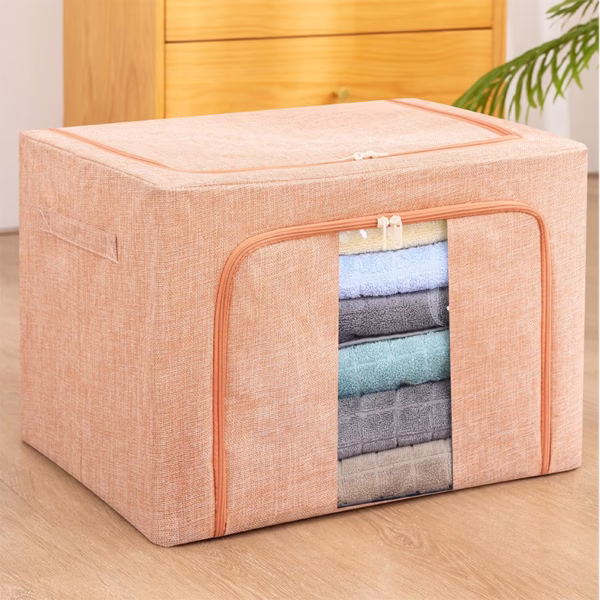 Cutie de Depozitare Pliabila, Flippy, 66 L, din Bumbac si In, 50x40x33 cm, Fereastra Frontala, 2 Usi de Acces cu Fermoar Bidirectional, Cadru Metalic, Suport Baza Stabil din Plastic, Roz Pudrat - imagine 1