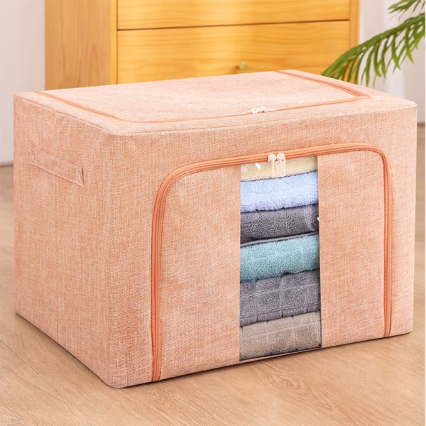 Cutie de depozitare pliabila, Flippy, Cu fermoar, 66 L, Textil, 50x40x33 cm, Cadru Metalic, Suport Baza Stabil din Plastic, Roz pudrat, model 2 - imagine 2