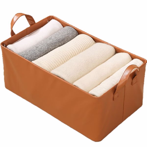 Cutie de Depozitare Tip Cos, Flippy, Material Piele Ecologica, Pliabila, 47x28x20 cm, 26 l, Cadru Metalic, cu Manere, Maro - imagine 1