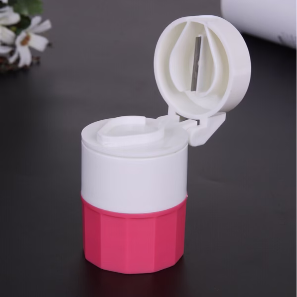 Cutie Pastile Multifunctionala, Flippy, 4 in 1, Pahar Apa, Taiere, Sfaramare, Depozitare, Compact, ABS cu Lama din Inox, Alb/Roz, 8.7x6.2x4.1 cm - imagine 6