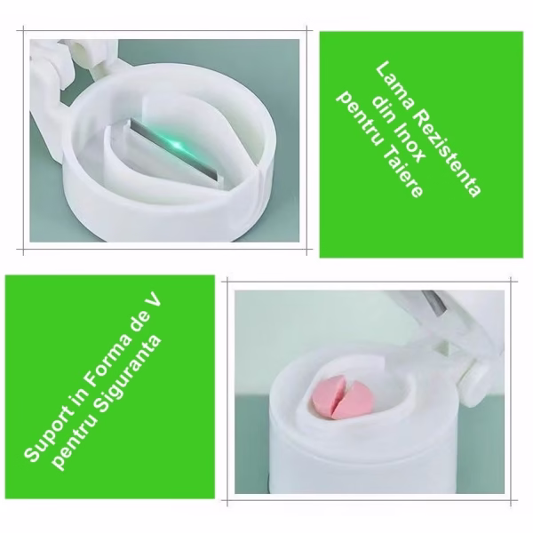 Cutie Pastile Multifunctionala, Flippy, 4 in 1, Pahar Apa, Taiere, Sfaramare, Depozitare, Compact, ABS cu Lama din Inox, Alb, 8.7x6.2x4.1 cm - imagine 2
