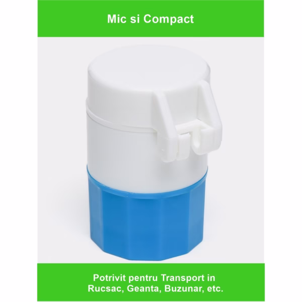Cutie Pastile Multifunctionala, Flippy, 4 in 1, Pahar Apa, Taiere, Sfaramare, Depozitare, Compact, ABS cu Lama din Inox, Alb/Albastru, 8.7x6.2x4.1 cm - imagine 2