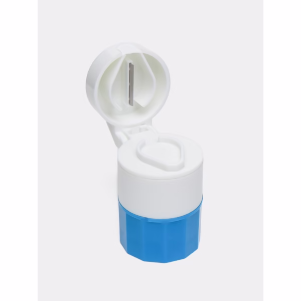 Cutie Pastile Multifunctionala, Flippy, 4 in 1, Pahar Apa, Taiere, Sfaramare, Depozitare, Compact, ABS cu Lama din Inox, Alb/Albastru, 8.7x6.2x4.1 cm - imagine 6