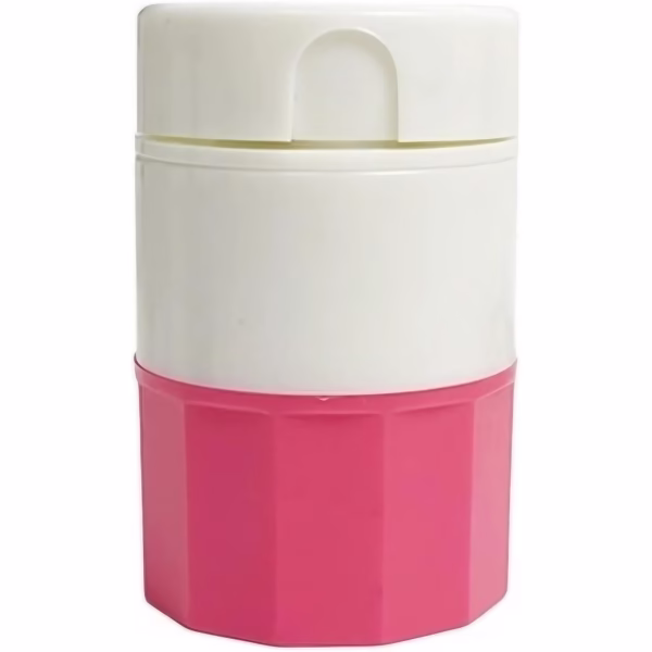 Cutie Pastile Multifunctionala, Flippy, 4 in 1, Pahar Apa, Taiere, Sfaramare, Depozitare, Compact, ABS cu Lama din Inox, Alb/Roz, 8.7x6.2x4.1 cm - imagine 1