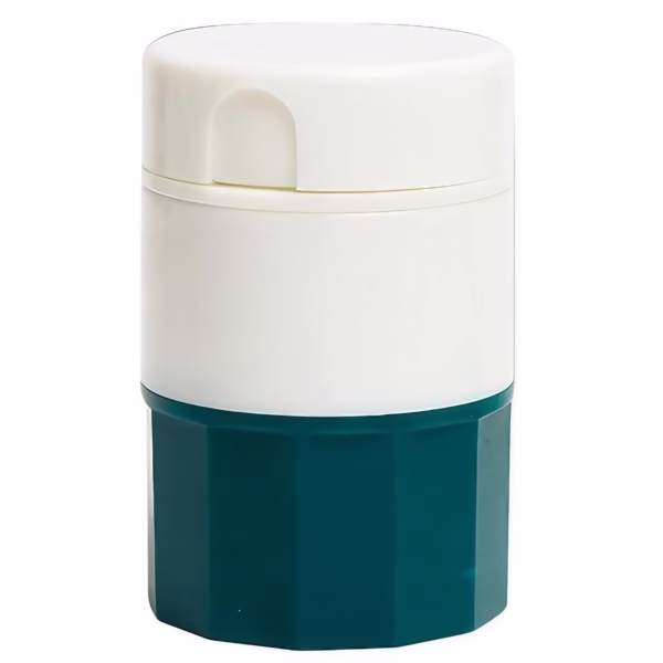 Cutie Pastile Multifunctionala, Flippy, 4 in 1, Pahar Apa, Taiere, Sfaramare, Depozitare, Compact, ABS cu Lama din Inox, Alb/Verde, 8.7x6.2x4.1 cm - imagine 1