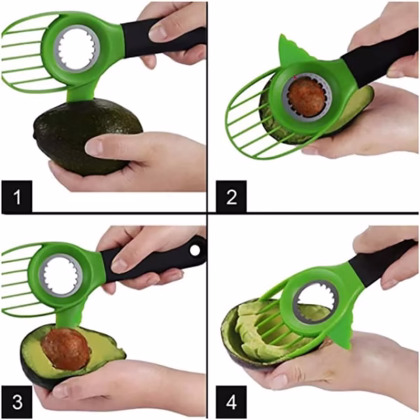 Cutit 3in1 pentru Avocado, Flippy, Cutit, Scoatere Miez si Feliator Pulpa, din PP si Otel Inoxidabil, Negru/Verde - imagine 4