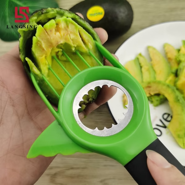 Cutit 3in1 pentru Avocado, Flippy, Cutit, Scoatere Miez si Feliator Pulpa, din PP si Otel Inoxidabil, Negru/Verde - imagine 6