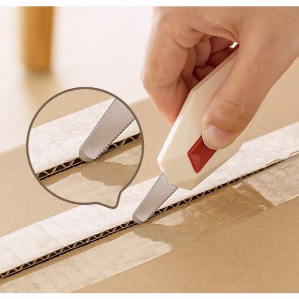 Cutter pentru Cutii, Flippy, Varf Rotunjit si Zimtat, Tip Breloc, 6.5x3.5 cm, Crem - imagine 6