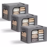 Cutie de Depozitare, Flippy, cu 3 Ferestre cu Fermoar Bidirectional, Cadru din Otel, Impermeabil, 38L, 42 x 30 x 30 cm, Gri Inchis - imagine 3