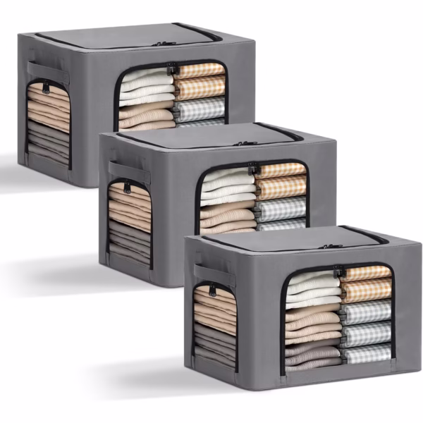 Cutie de Depozitare, Flippy, cu 3 Ferestre cu Fermoar Bidirectional, Cadru din Otel, Impermeabil, 38L, 42 x 30 x 30 cm, Gri Inchis - imagine 3