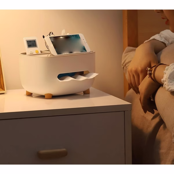 Suport pentru Servetele, Flippy, Cutie Multifunctionala, Design Minimalist, ABS, cu Suport pentru Obiectele Personale, pentru Birou, 21x12x12 cm, Gri - imagine 5