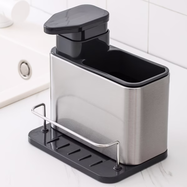 Dispenser Multifunctional, Flippy, Dozator pentru Detergent, pentru Sapun Lichid, Dezinfectant, cu Suport pentru Ustensile, 18.5 x 18 x 12.8 cm Negru - imagine 2