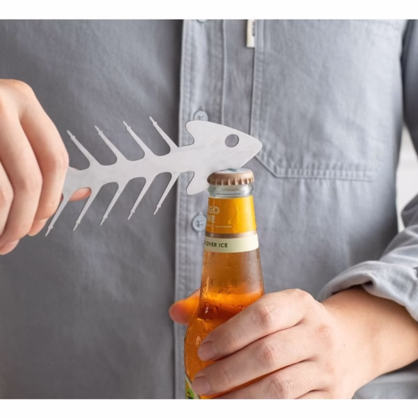 Forma pentru Frigarui, Flippy, Model Oase de Peste, din Otel Inoxidabil, Instrument pentru Gratar, BBQ, cu Deschizator de Sticle, 30x6 cm, Argintie - imagine 6