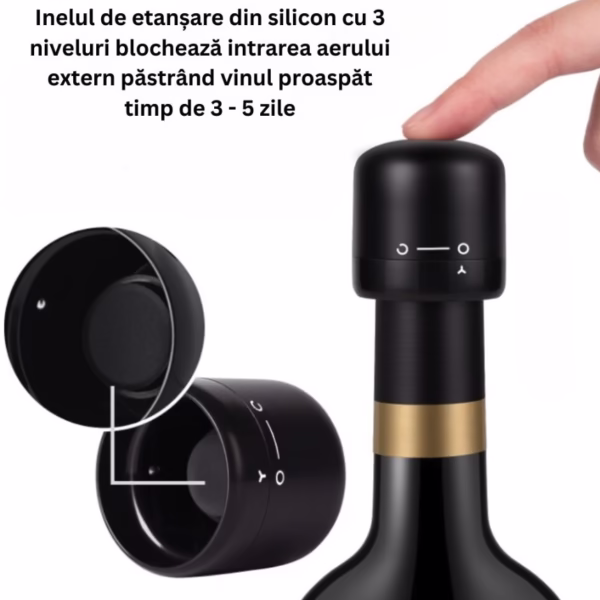 Dop de Etansare a Sticlei de Vin, Flippy, Rotativ, On-Off, Silicon, Reutilizabil, Usor de Depozitat si Folosit, 3.4 x 3.4 x 3.4 cm, Negru - imagine 4