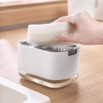 Dozator Flippy, Dispenser 2 in 1 pentru Detergent Lichid de Vase sau pentru Obiecte Sanitare cu Suport pentru Burete de Bucatarie , 8.6 x 14.5 x 10 cm, capacitate 300 ml, alb - imagine 2